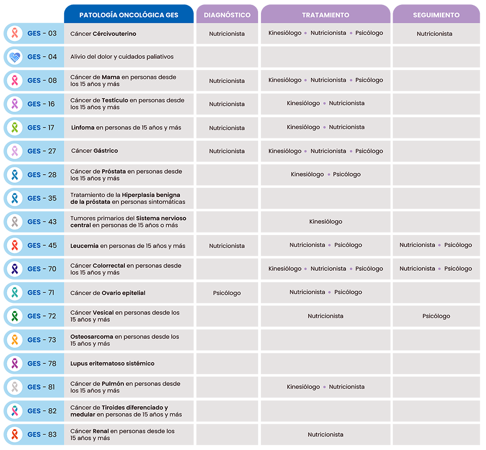 cobertura de especialidades de nutricionista, kinesiólogo y psicólogo para patologias ges del cancer